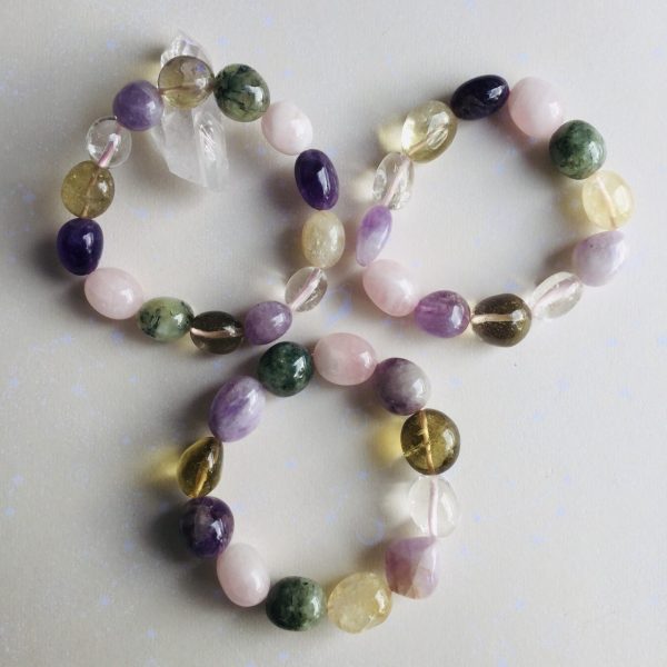 bracelet pierres roulees quartz rose amethyste citrine et cristal de roche
